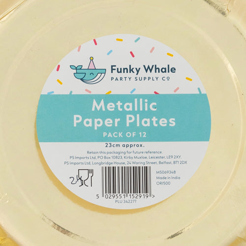 Funky Whale Gold Metallic Paper Plates 23cm 12 Pack