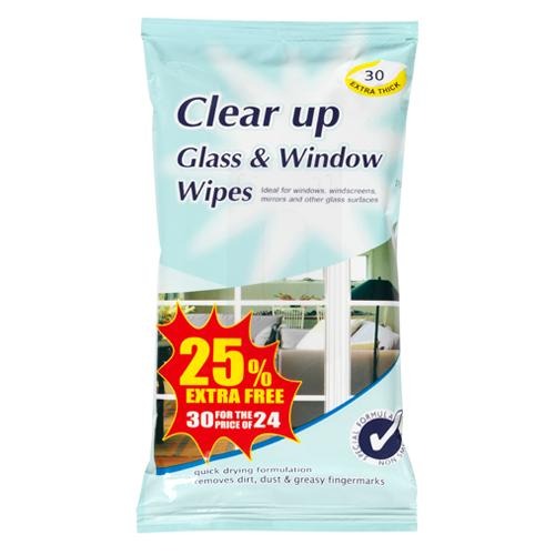 Clear Up Extra Thick Glass & Window Wipes 30 Pack