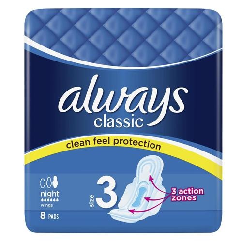 Always Maxi Classic Night Plus Sanitary Pads With Wings Pack Of 8