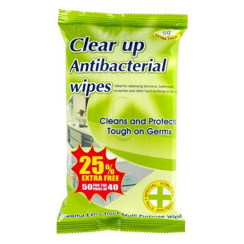 Clear Up Extra Thick Multipurpose Antibacterial Wipes 50 Pack